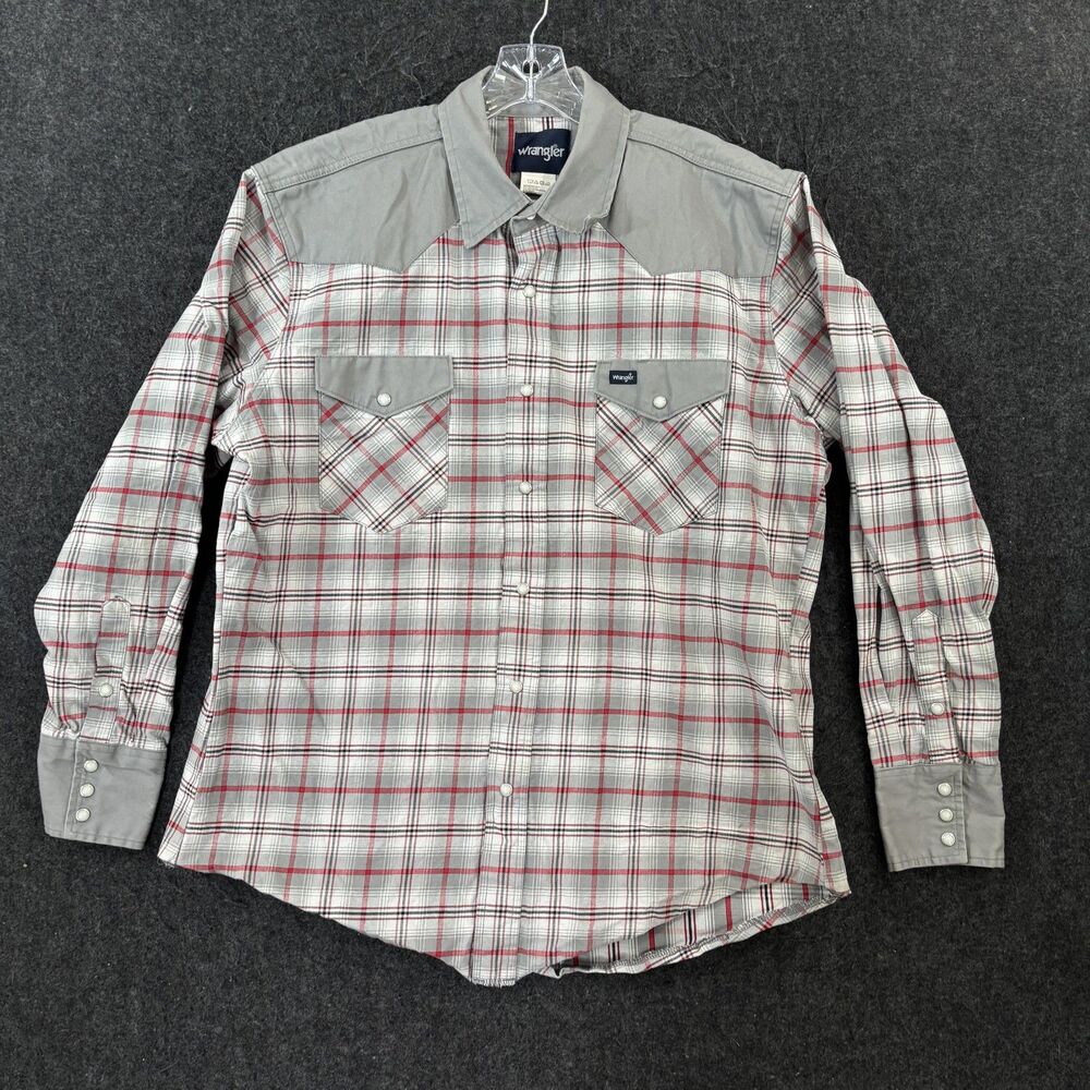 Wrangler Brushpopper Shirt Men's XL Gray Red Plaid Pearl Snap Western Cowboy